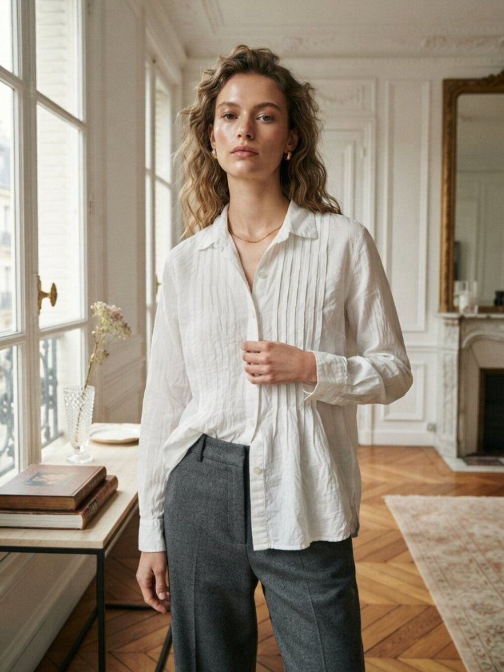 APT Designs Women's White 100% Linen Pleated Top Size Large